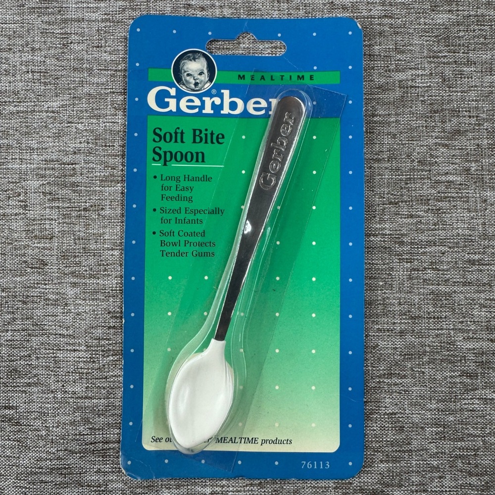 Vintage Gerber Soft Bite Spoon 1993 Infant Long Handle White Silver NOS